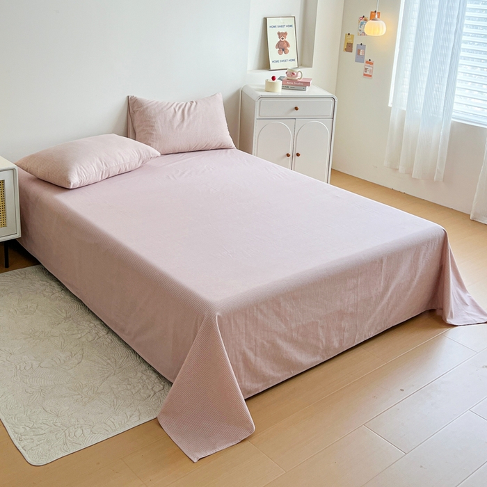 91家纺网 家纺一手货源 找家纺 感遇 2025新款全棉磨毛A类床单床笠三件套 细条粉