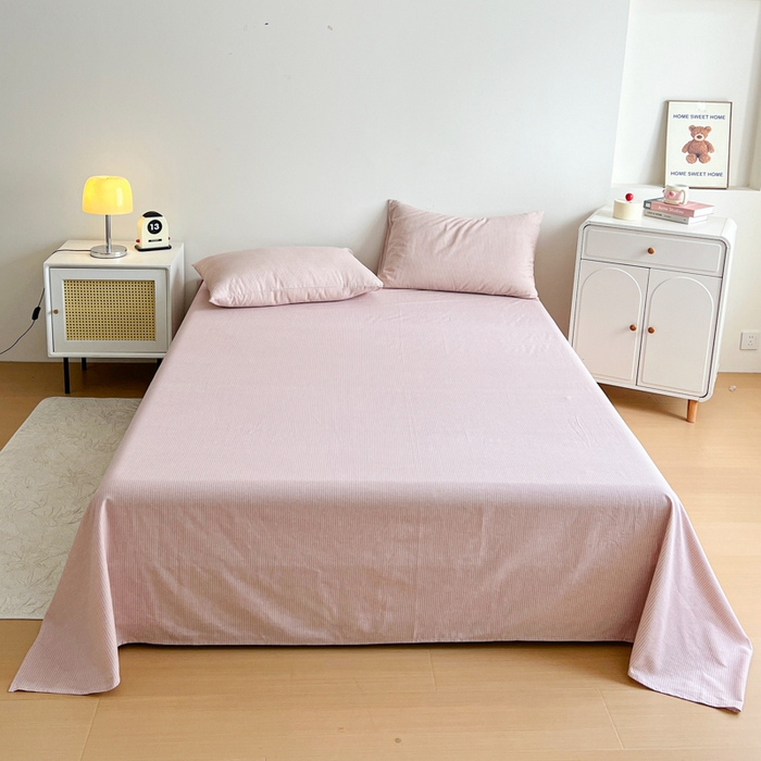 91家纺网 家纺一手货源 找家纺 感遇 2025新款全棉磨毛A类床单床笠三件套 细条粉