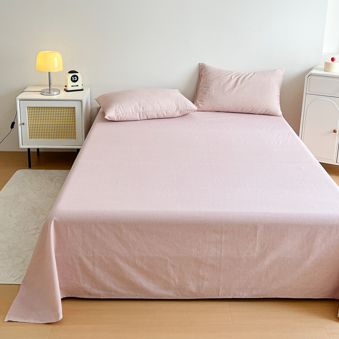 91家纺网 家纺一手货源 找家纺 感遇 2025新款全棉磨毛A类床单床笠三件套 细条粉