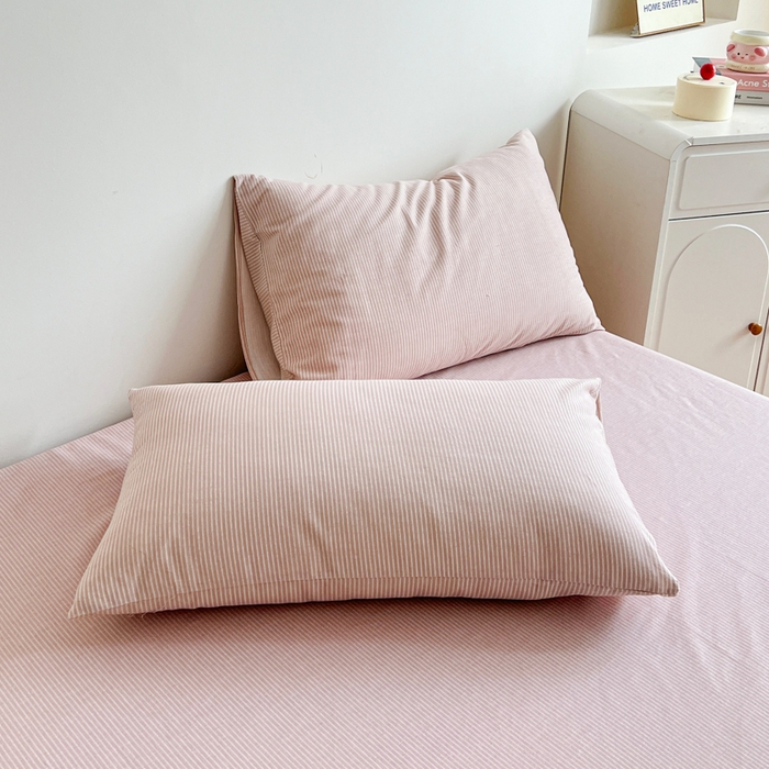 91家纺网 家纺一手货源 找家纺 感遇 2025新款全棉磨毛A类床单床笠三件套 细条粉