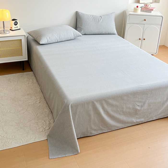 91家纺网 家纺一手货源 找家纺 感遇 2025新款全棉磨毛A类床单床笠三件套 细条灰