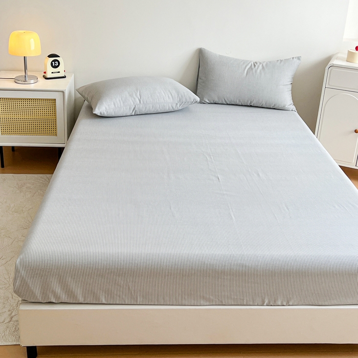 91家纺网 家纺一手货源 找家纺 感遇 2025新款全棉磨毛A类床单床笠三件套 细条灰