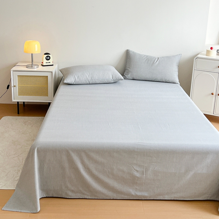 91家纺网 家纺一手货源 找家纺 感遇 2025新款全棉磨毛A类床单床笠三件套 细条灰