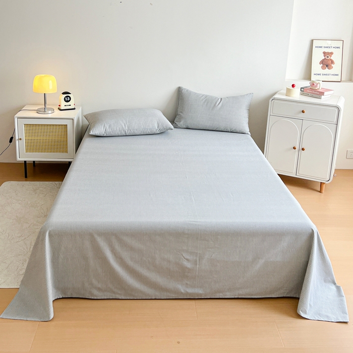 91家纺网 家纺一手货源 找家纺 感遇 2025新款全棉磨毛A类床单床笠三件套 细条灰