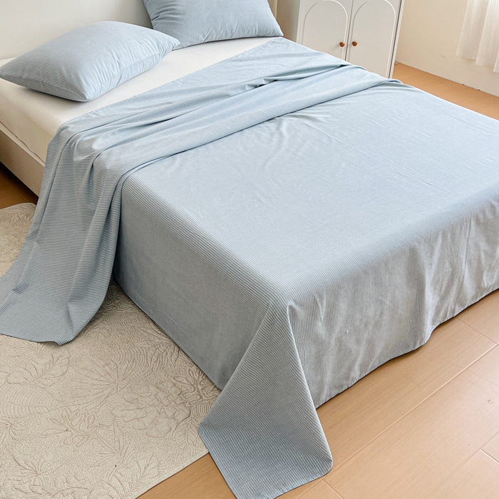 91家纺网 家纺一手货源 找家纺 感遇 2025新款全棉磨毛A类床单床笠三件套 细条蓝