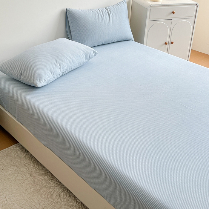 91家纺网 家纺一手货源 找家纺 感遇 2025新款全棉磨毛A类床单床笠三件套 细条蓝