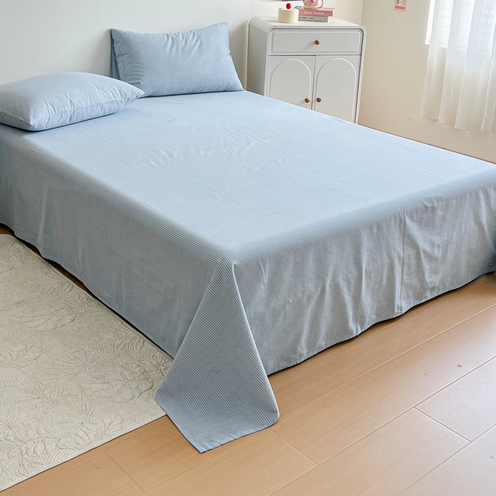 91家纺网 家纺一手货源 找家纺 感遇 2025新款全棉磨毛A类床单床笠三件套 细条蓝