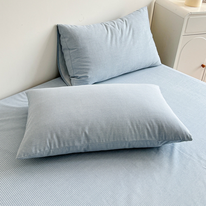 91家纺网 家纺一手货源 找家纺 感遇 2025新款全棉磨毛A类床单床笠三件套 细条蓝