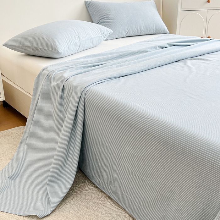 91家纺网 家纺一手货源 找家纺 感遇 2025新款全棉磨毛A类床单床笠三件套 细条蓝