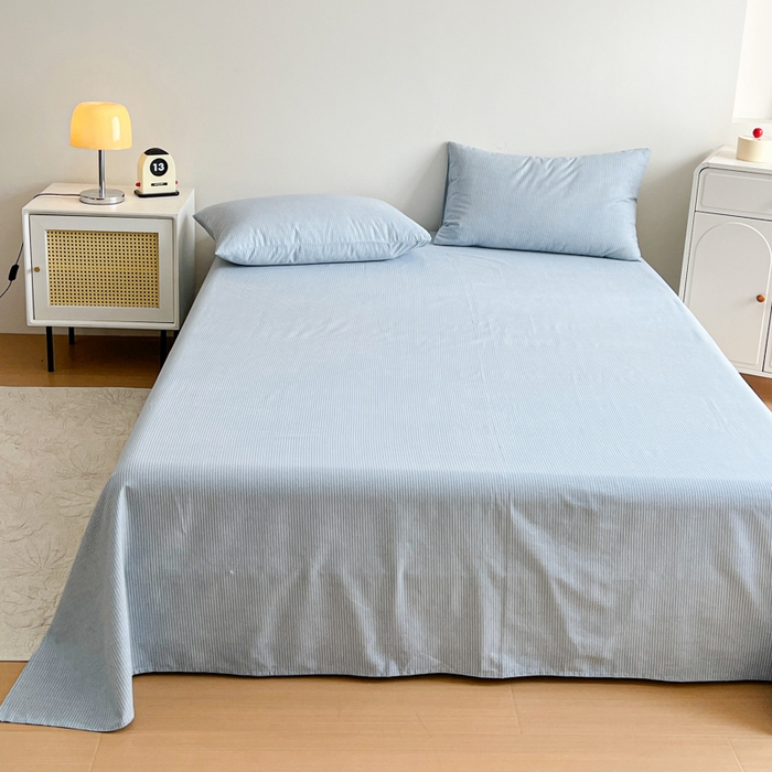 91家纺网 家纺一手货源 找家纺 感遇 2025新款全棉磨毛A类床单床笠三件套 细条蓝