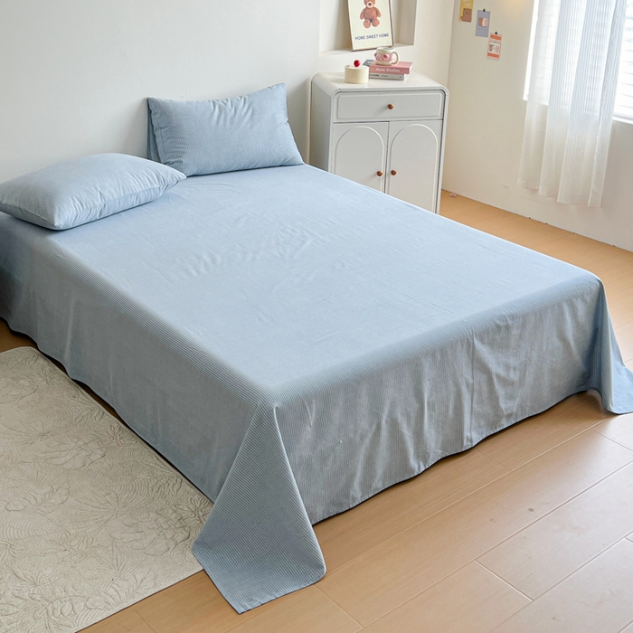 91家纺网 家纺一手货源 找家纺 感遇 2025新款全棉磨毛A类床单床笠三件套 细条蓝