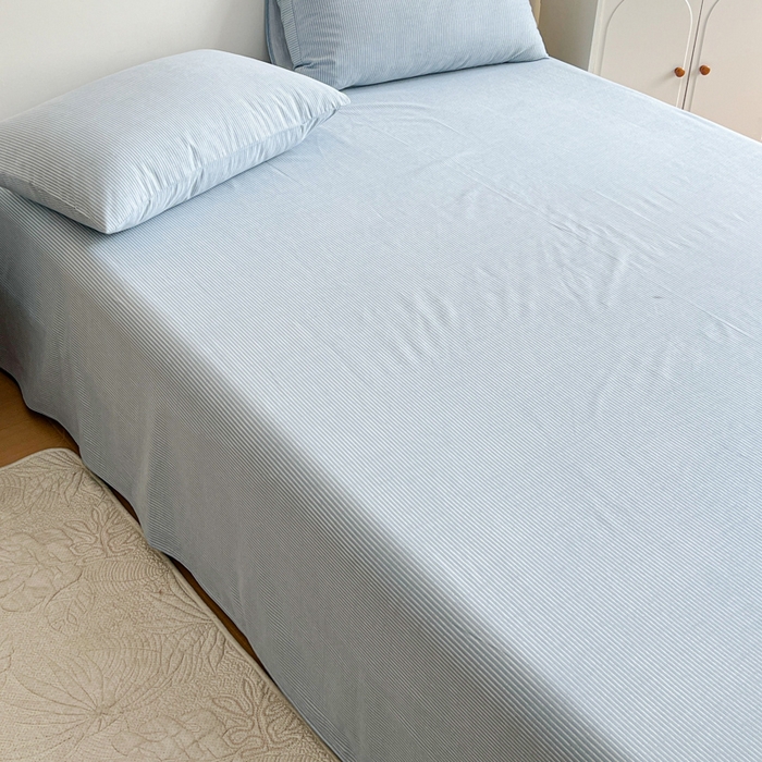 91家纺网 家纺一手货源 找家纺 感遇 2025新款全棉磨毛A类床单床笠三件套 细条蓝