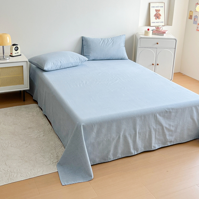 91家纺网 家纺一手货源 找家纺 感遇 2025新款全棉磨毛A类床单床笠三件套 细条蓝