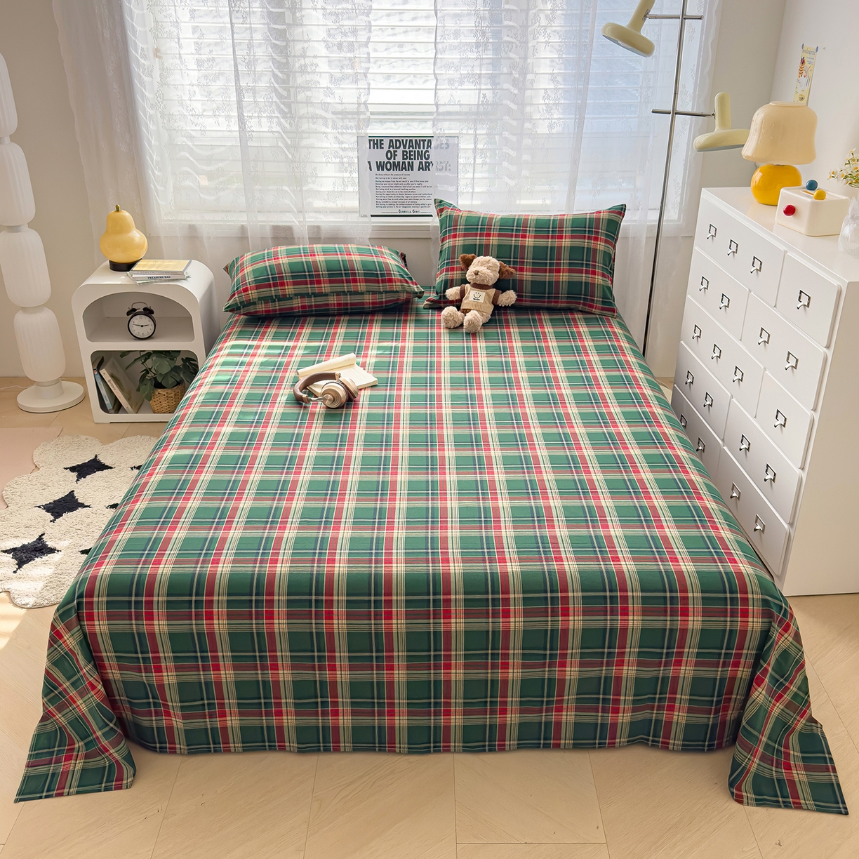 91家纺网 家纺一手货源 找家纺 对白 2025新款32支全棉色织水洗棉单品床单 海岛绿格