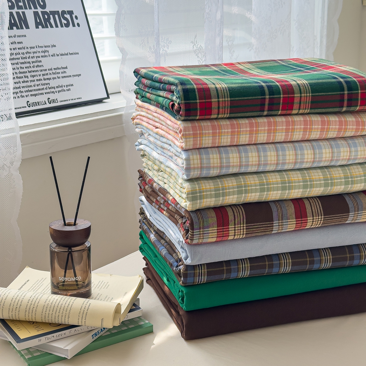 91家纺网 家纺一手货源 找家纺 对白 2025新款32支全棉色织水洗棉单品床单 组合