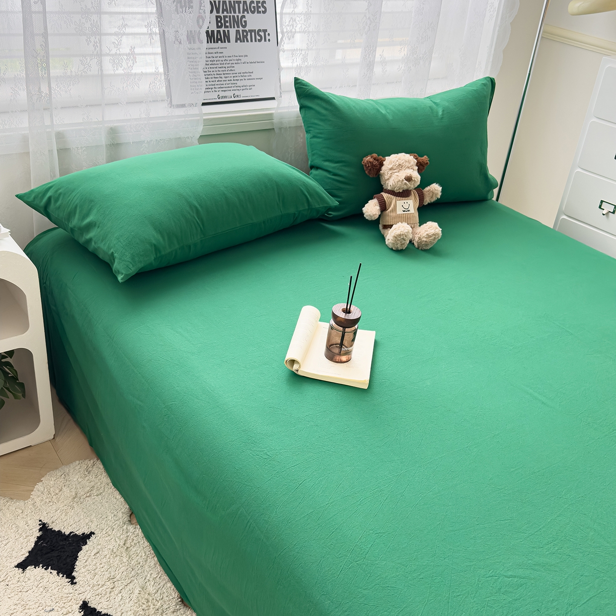 91家纺网 家纺一手货源 找家纺 对白 2025新款32支全棉色织水洗棉单品床单 海王绿