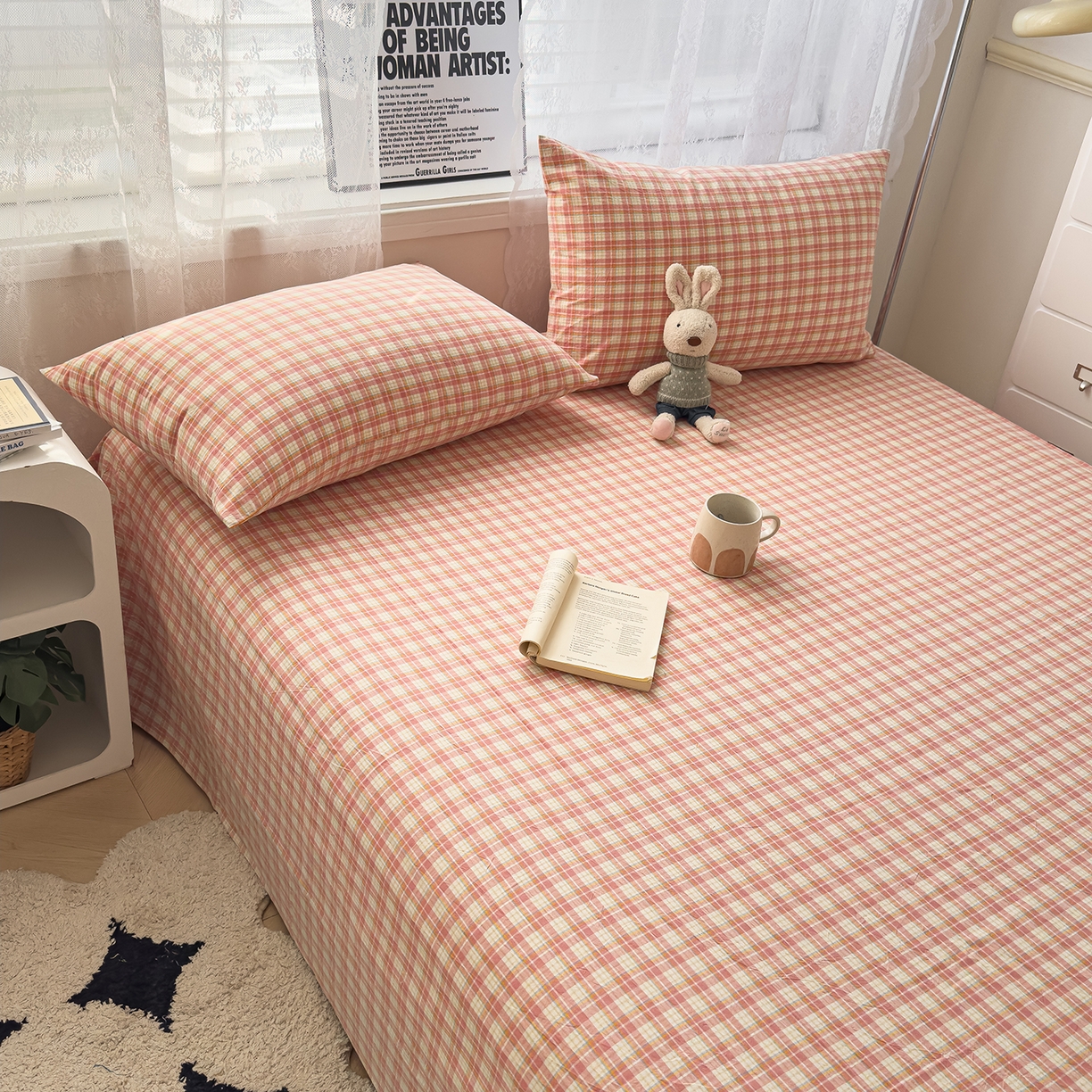 91家纺网 家纺一手货源 找家纺 对白 2025新款32支全棉色织水洗棉单品床单 西西里-粉格