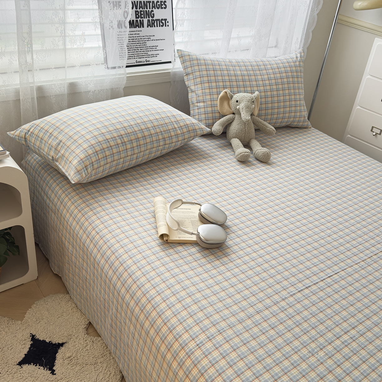 91家纺网 家纺一手货源 找家纺 对白 2025新款32支全棉色织水洗棉单品床单 组合