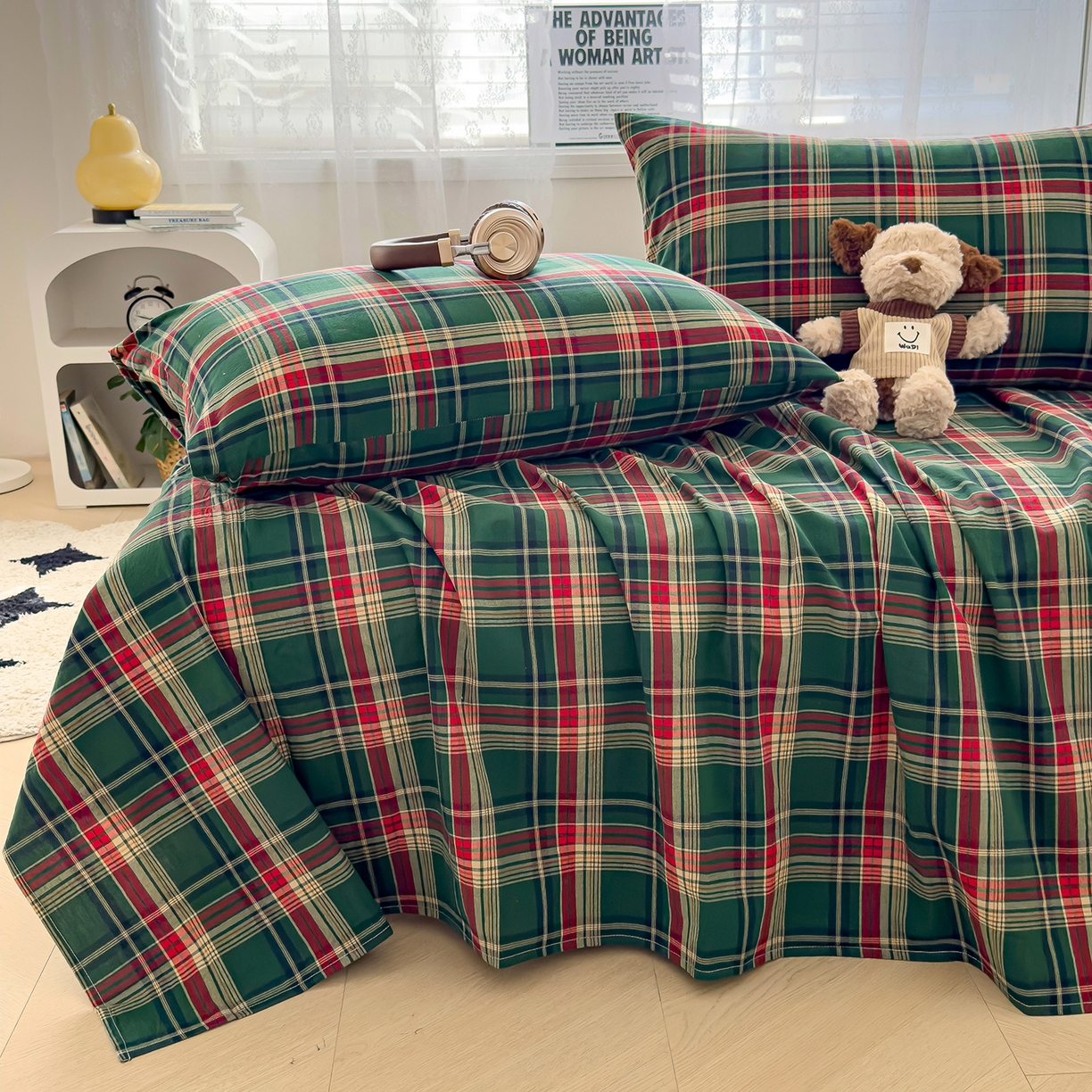 91家纺网 家纺一手货源 找家纺 对白 2025新款32支全棉色织水洗棉单品床单 组合