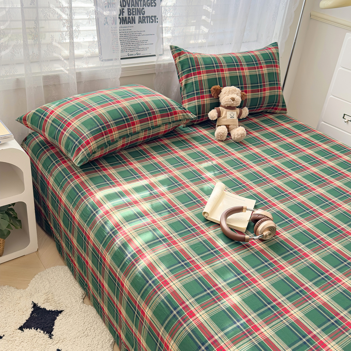 91家纺网 家纺一手货源 找家纺 对白 2025新款32支全棉色织水洗棉单品床单 海岛绿格