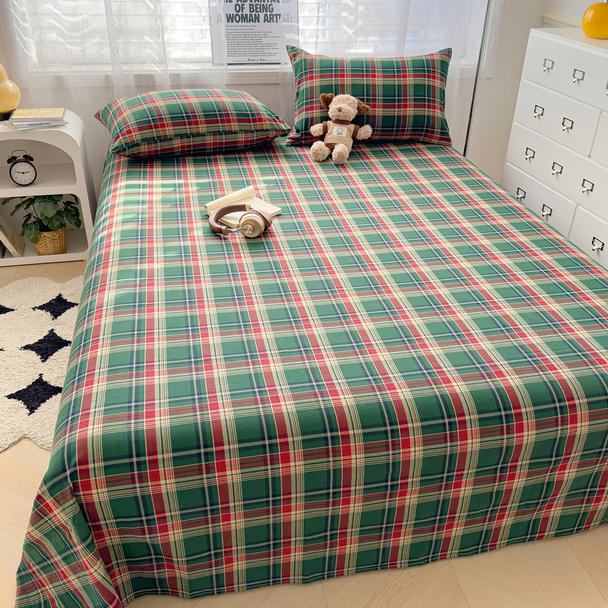 91家纺网 家纺一手货源 找家纺 对白 2025新款32支全棉色织水洗棉单品床单 海岛绿格