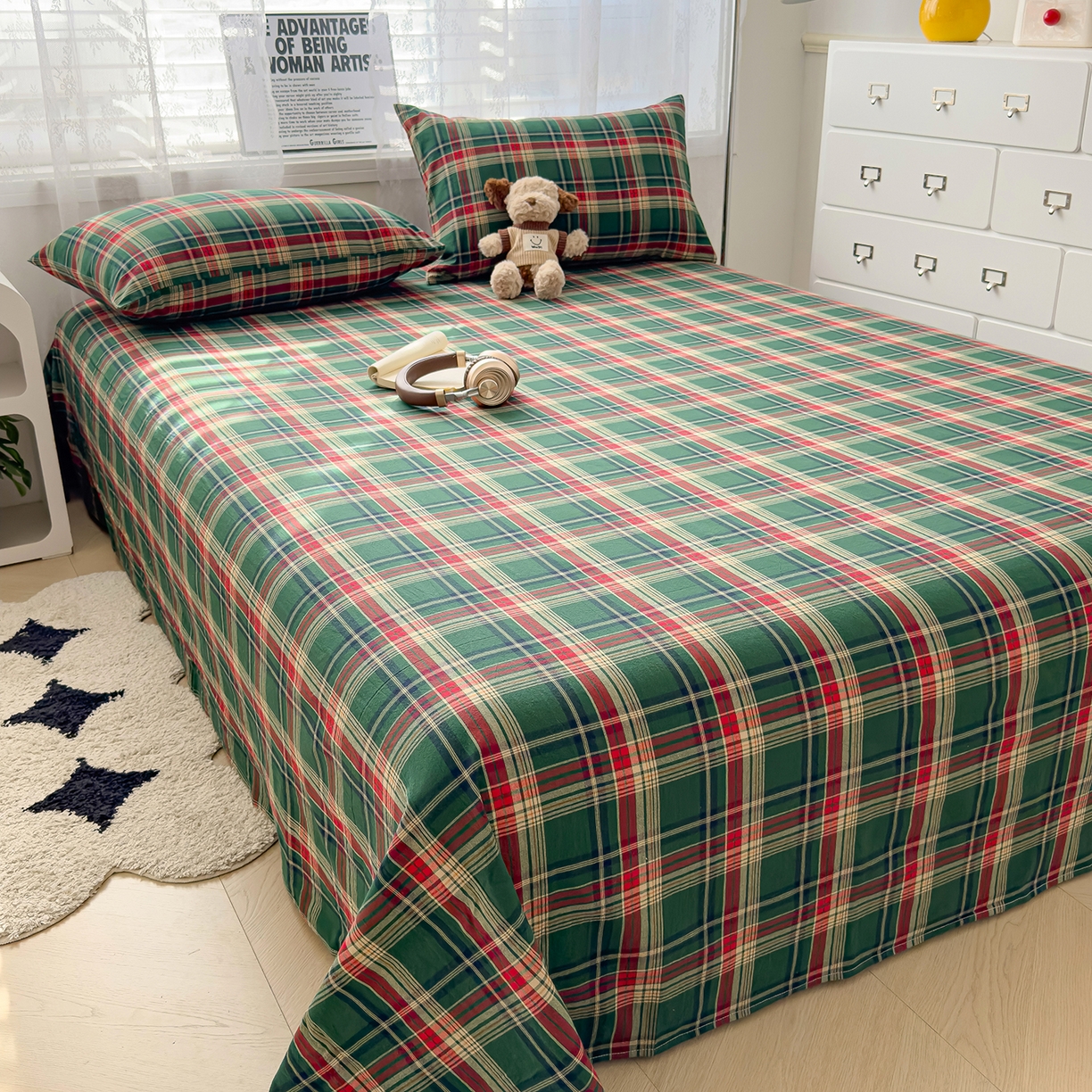 91家纺网 家纺一手货源 找家纺 对白 2025新款32支全棉色织水洗棉单品床单 组合