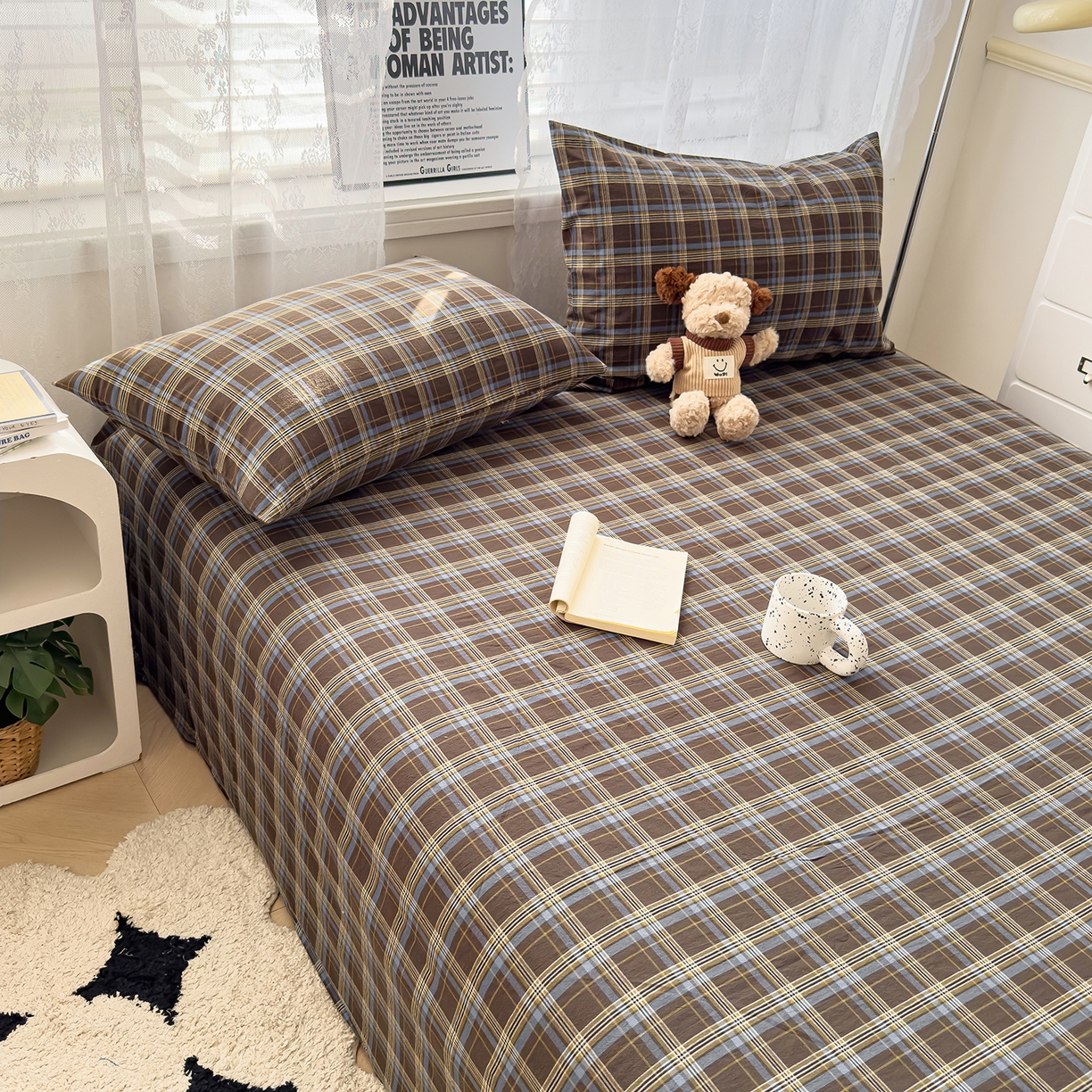 91家纺网 家纺一手货源 找家纺 对白 2025新款32支全棉色织水洗棉单品床单 蓝棕格