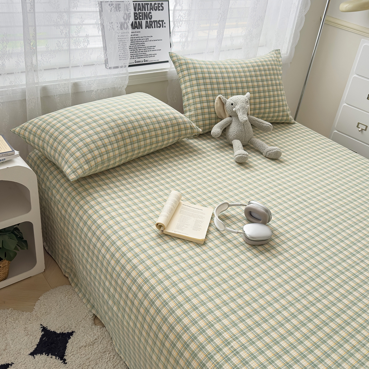 91家纺网 家纺一手货源 找家纺 对白 2025新款32支全棉色织水洗棉单品床单 西西里-绿格