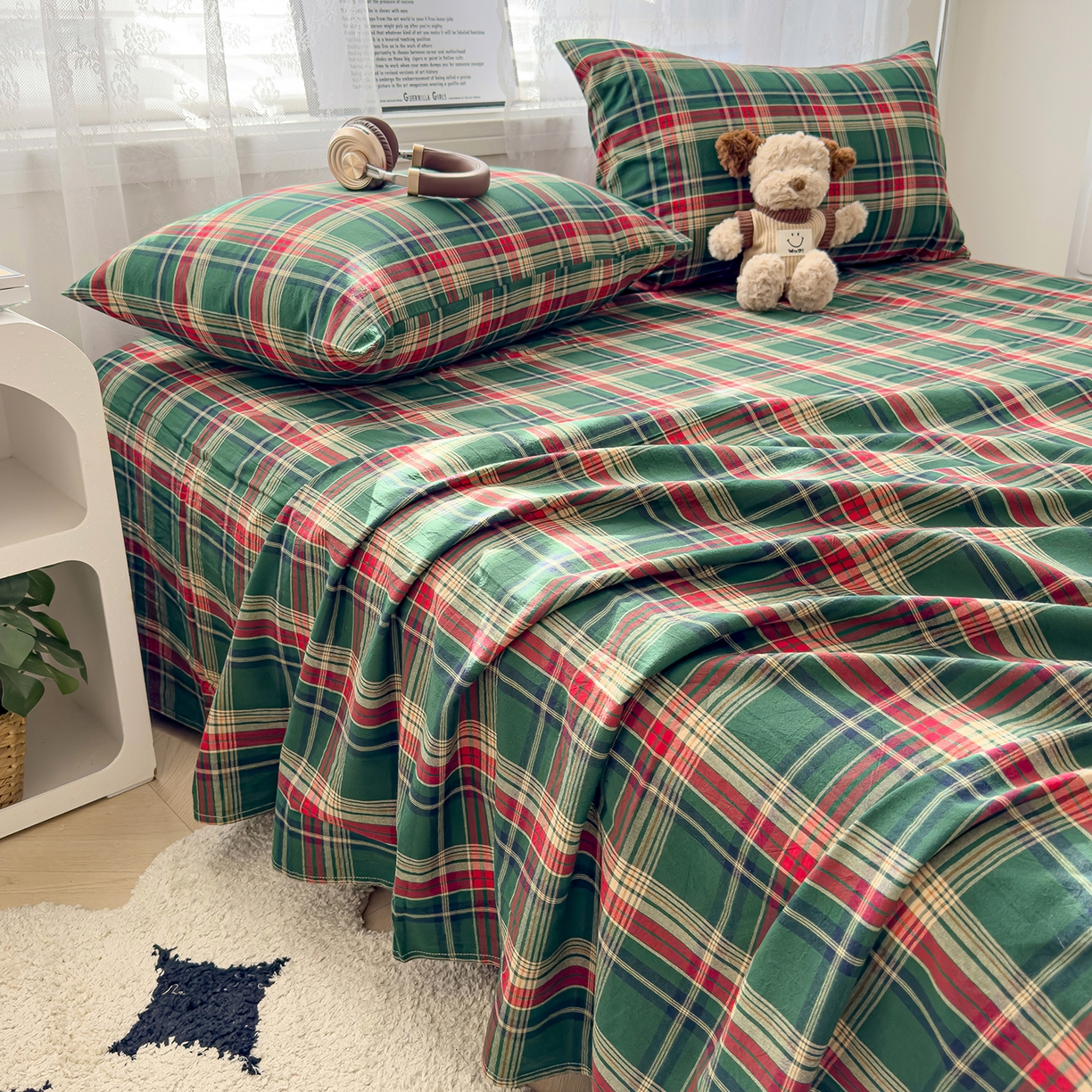 91家纺网 家纺一手货源 找家纺 对白 2025新款32支全棉色织水洗棉单品床单 海岛绿格