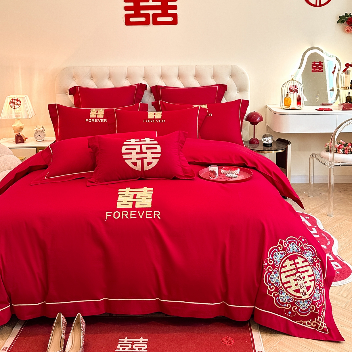 91家纺网 家纺一手货源 找家纺 置顶家纺 2025新款亲肤刺绣婚庆磨毛四件套 囍结良缘升级版-大红