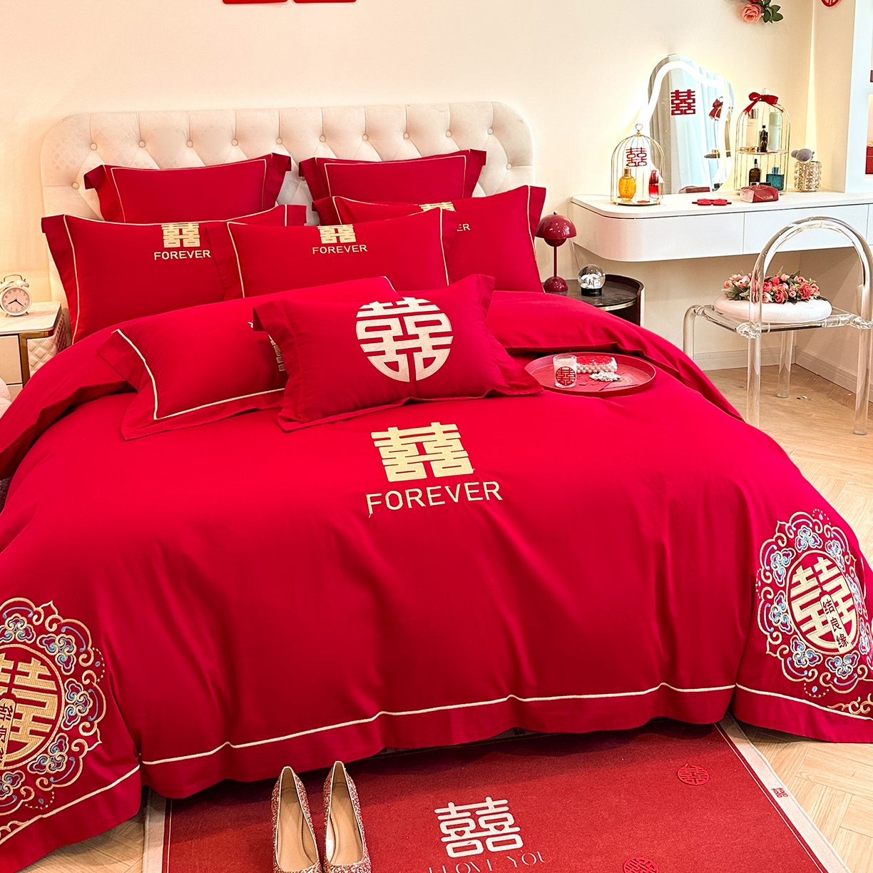 91家纺网 家纺一手货源 找家纺 置顶家纺 2025新款亲肤刺绣婚庆磨毛四件套 囍结良缘升级版-大红