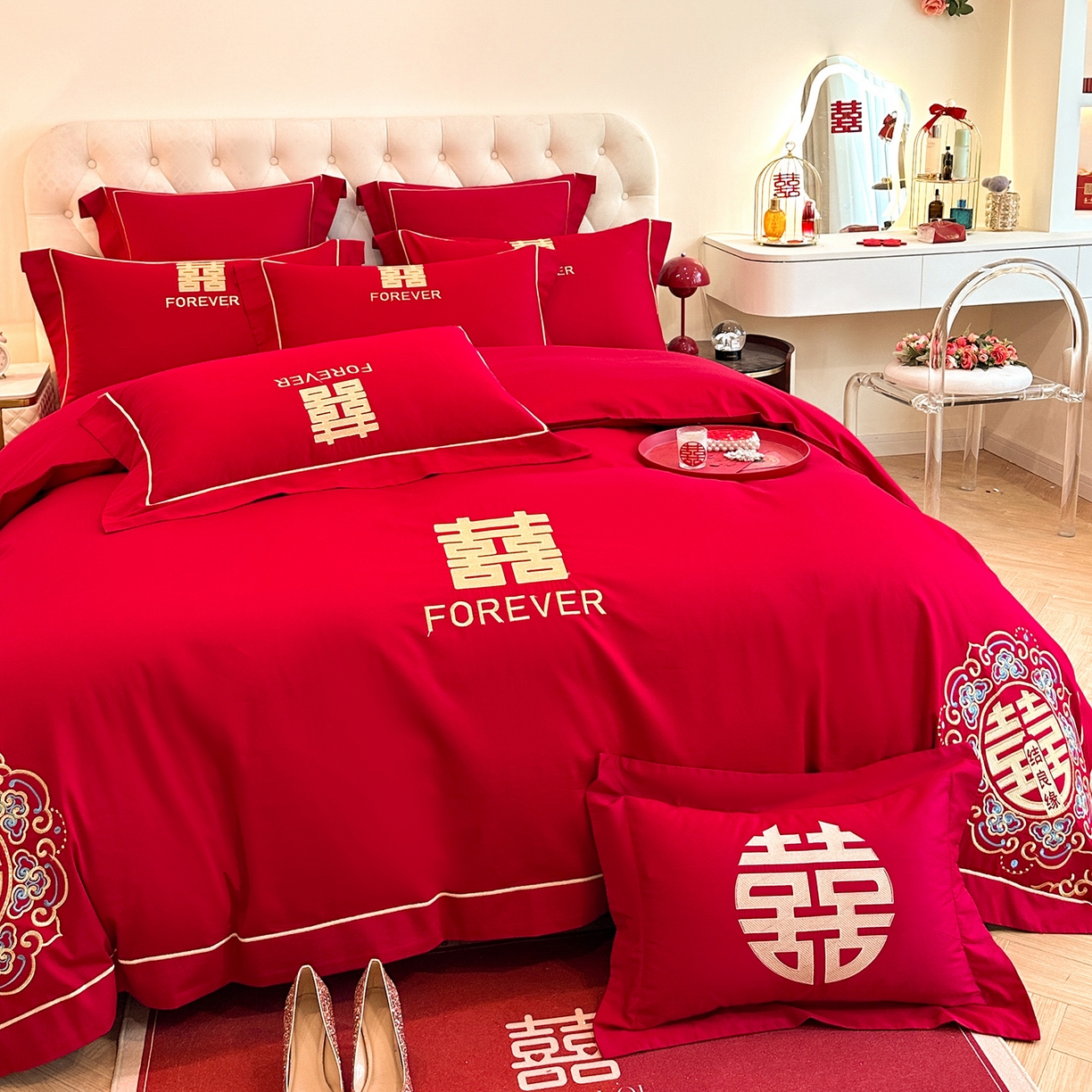 91家纺网 家纺一手货源 找家纺 置顶家纺 2025新款亲肤刺绣婚庆磨毛四件套 囍结良缘升级版-大红