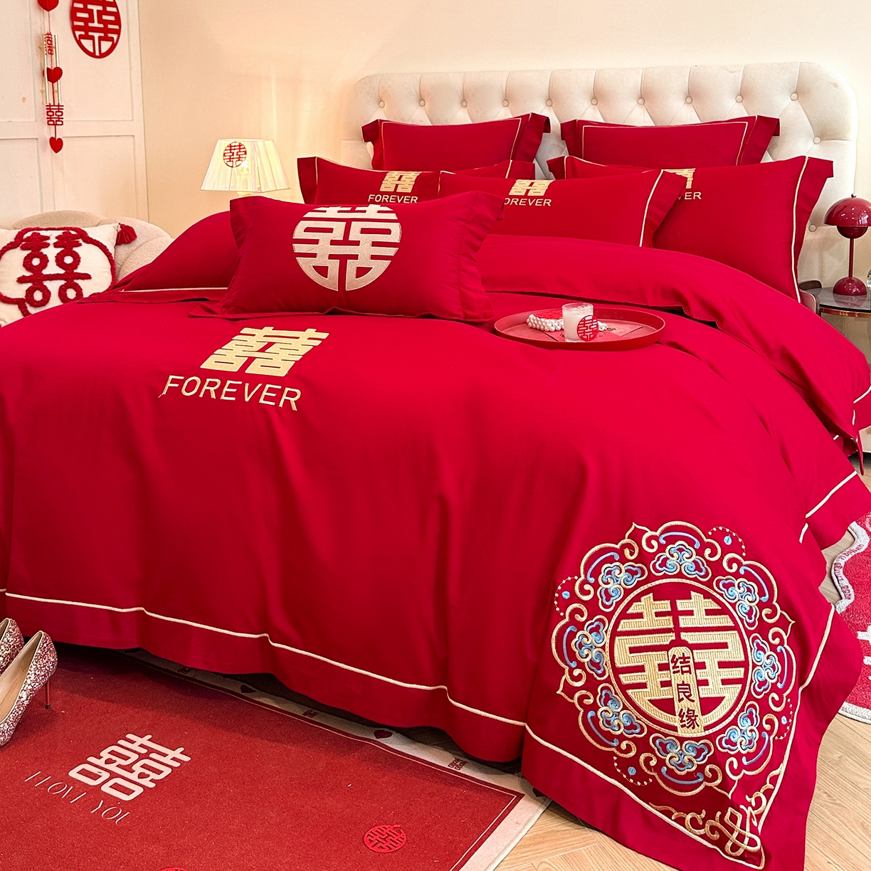 91家纺网 家纺一手货源 找家纺 置顶家纺 2025新款亲肤刺绣婚庆磨毛四件套 囍结良缘升级版-大红