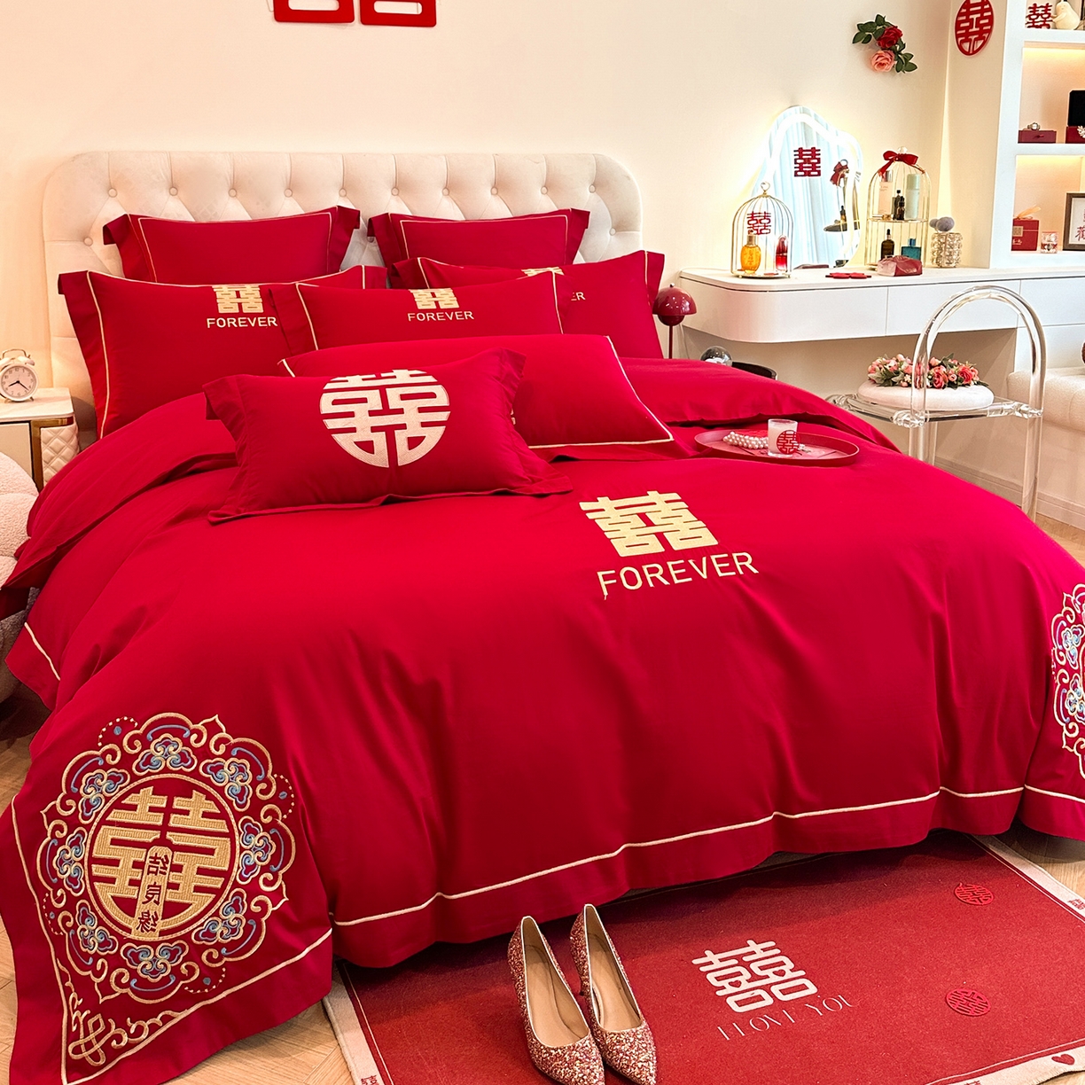 91家纺网 家纺一手货源 找家纺 置顶家纺 2025新款亲肤刺绣婚庆磨毛四件套 囍结良缘升级版-大红