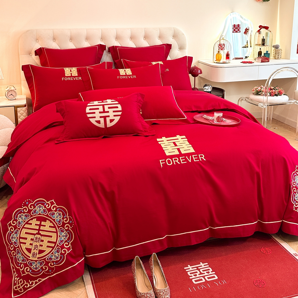 91家纺网 家纺一手货源 找家纺 置顶家纺 2025新款亲肤刺绣婚庆磨毛四件套 囍结良缘升级版-大红