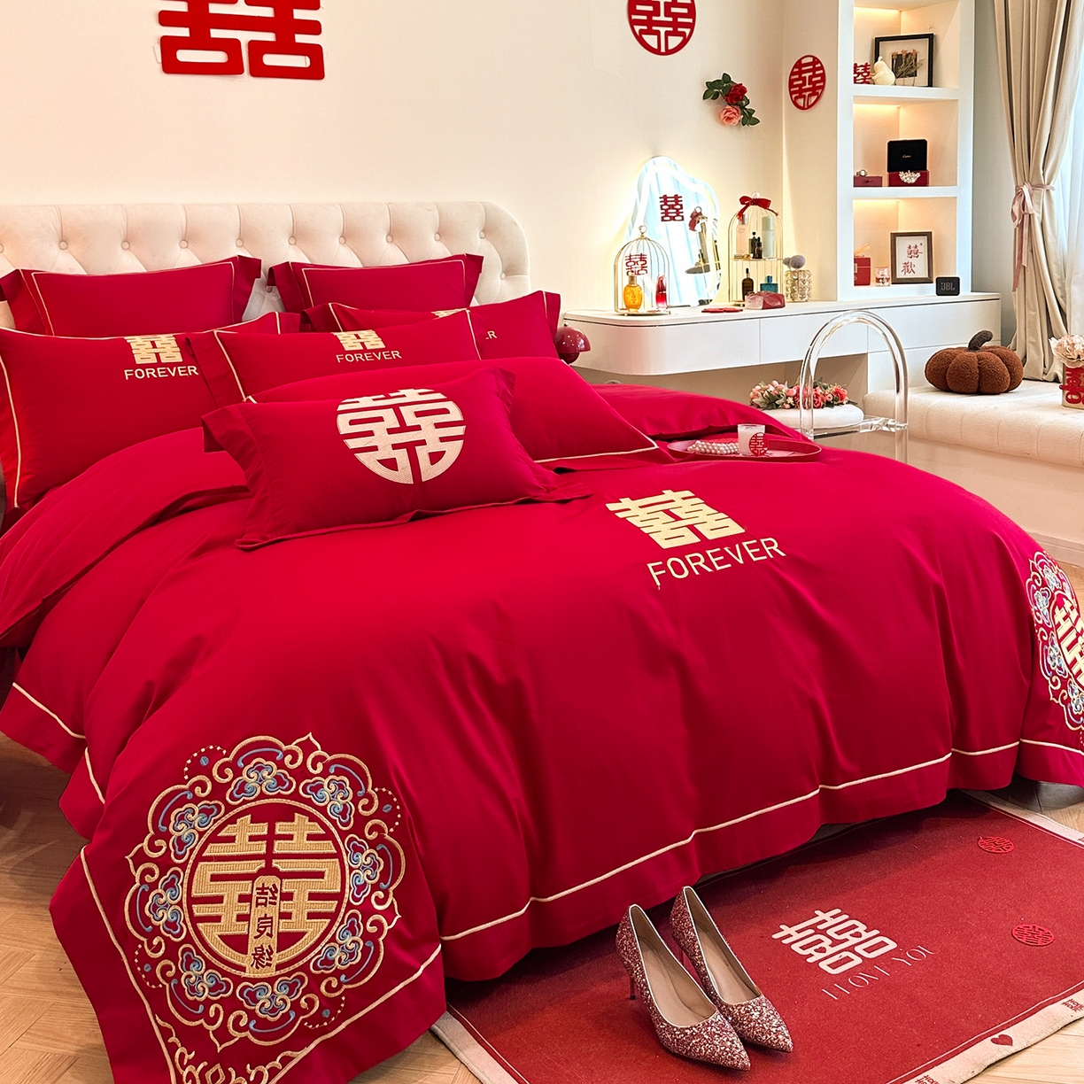 91家纺网 家纺一手货源 找家纺 置顶家纺 2025新款亲肤刺绣婚庆磨毛四件套 囍结良缘升级版-大红