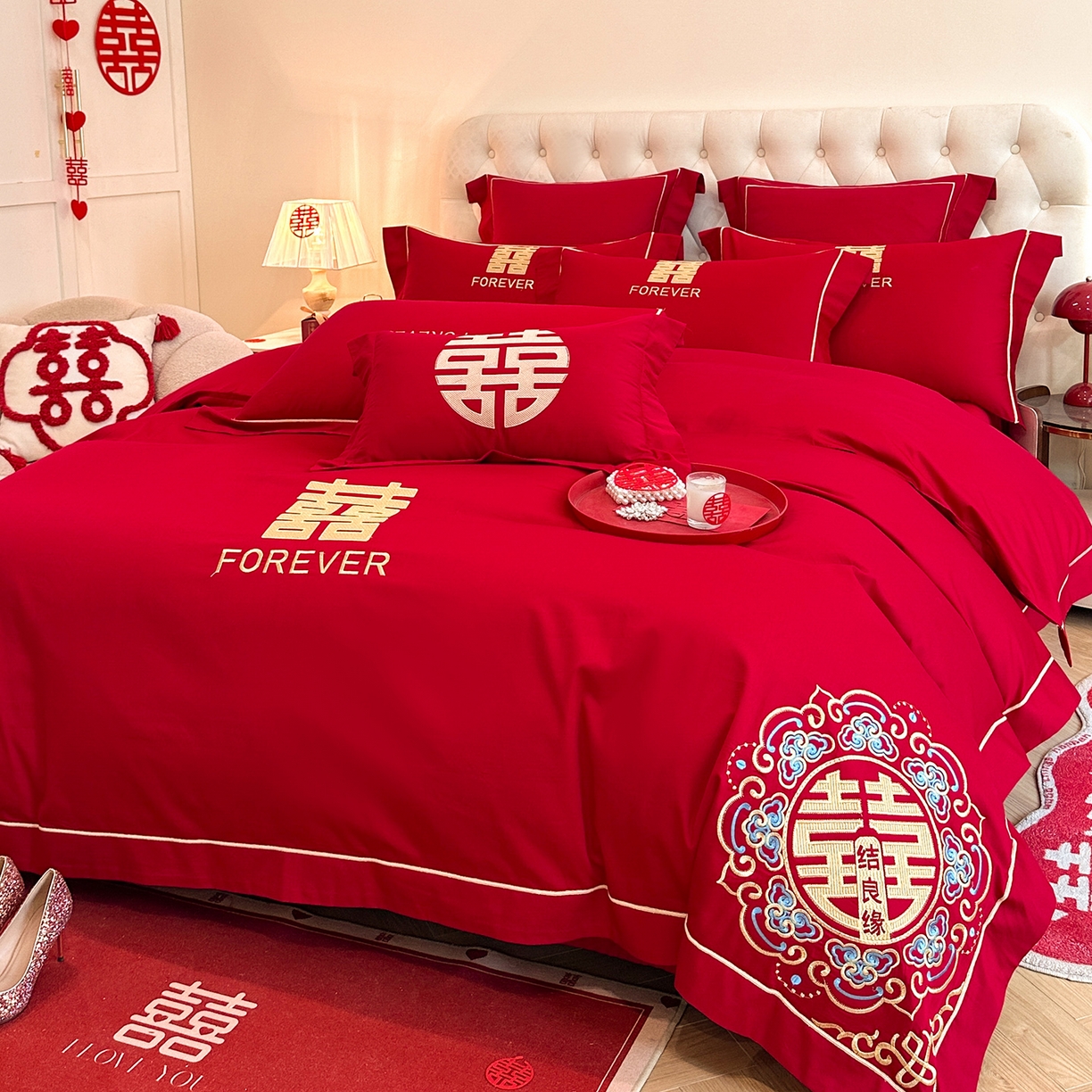 91家纺网 家纺一手货源 找家纺 置顶家纺 2025新款亲肤刺绣婚庆磨毛四件套 囍结良缘升级版-大红