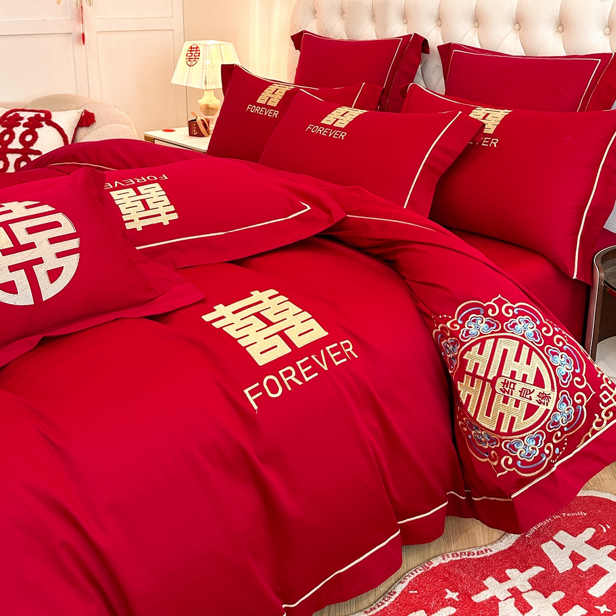 91家纺网 家纺一手货源 找家纺 置顶家纺 2025新款亲肤刺绣婚庆磨毛四件套 囍结良缘升级版-大红