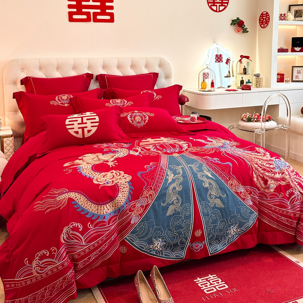 91家纺网 家纺一手货源 找家纺 置顶家纺 2025新款亲肤刺绣婚庆磨毛四件套 祥云瑞彩-大红