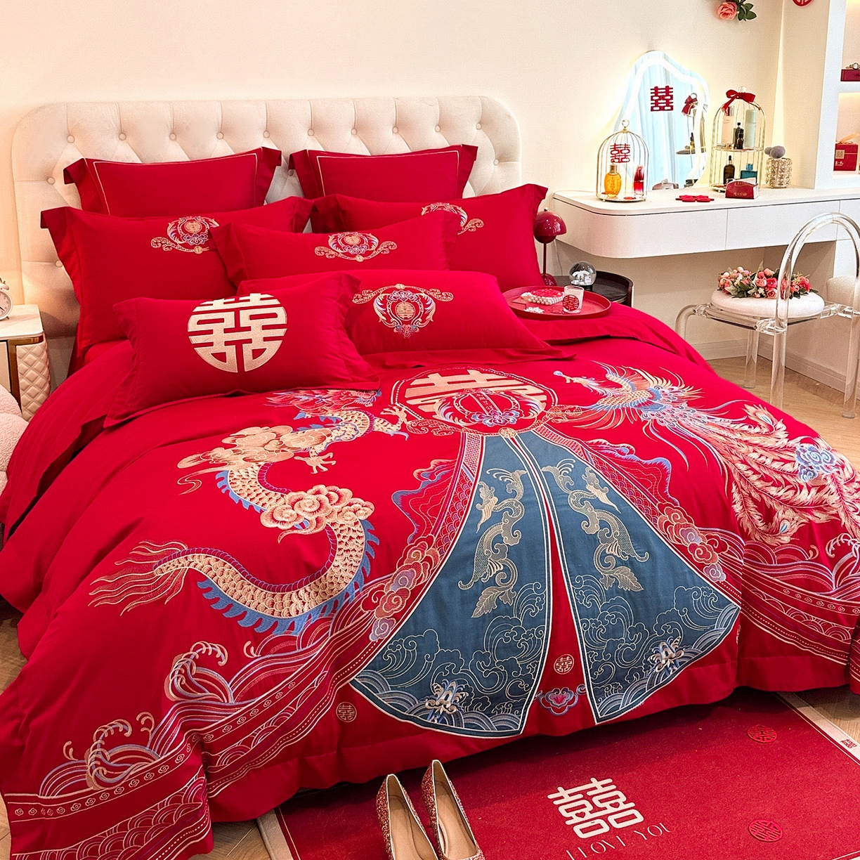 91家纺网 家纺一手货源 找家纺 置顶家纺 2025新款亲肤刺绣婚庆磨毛四件套 祥云瑞彩-大红