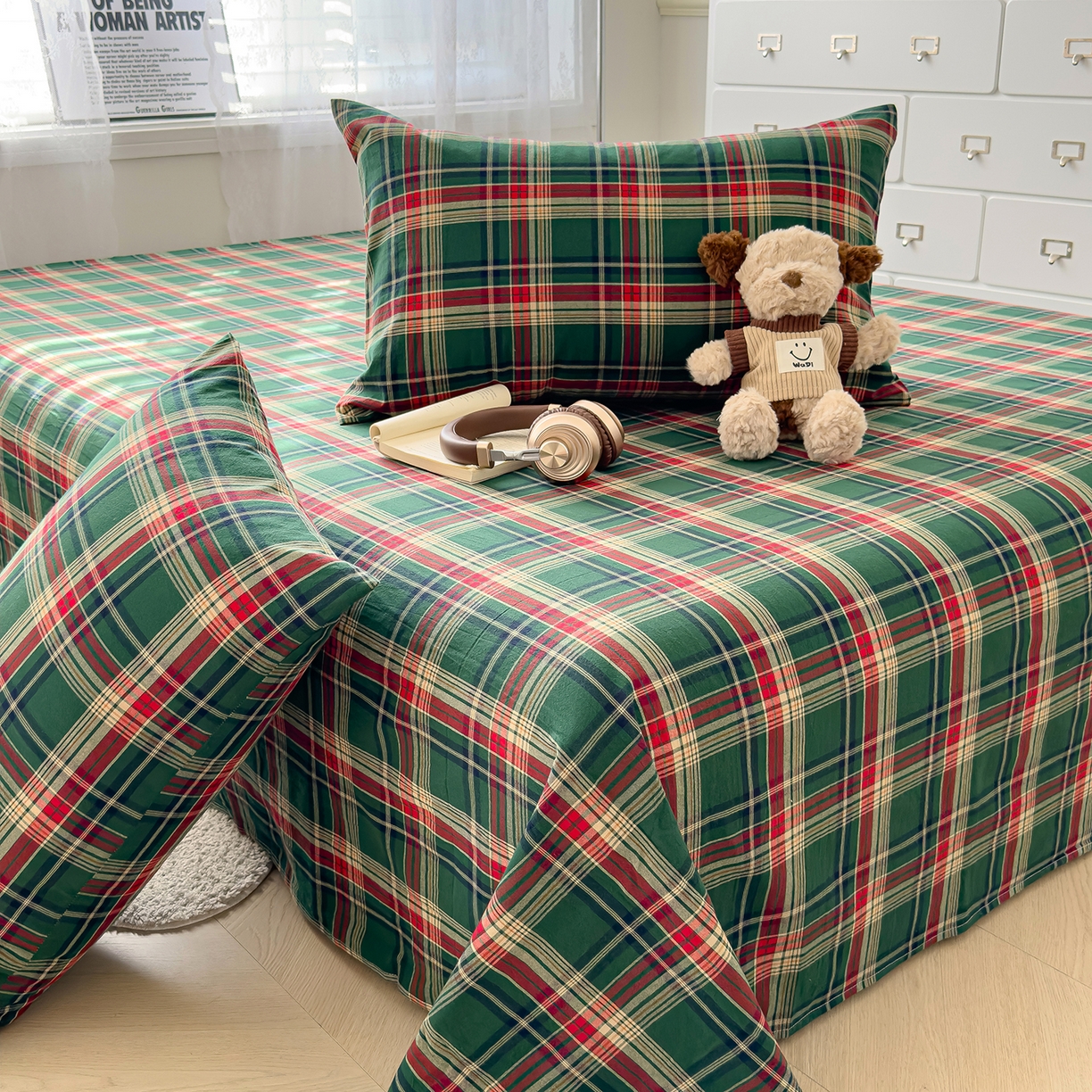 91家纺网 家纺一手货源 找家纺 对白 2025新款32支全棉色织水洗棉单品床单 海岛绿格