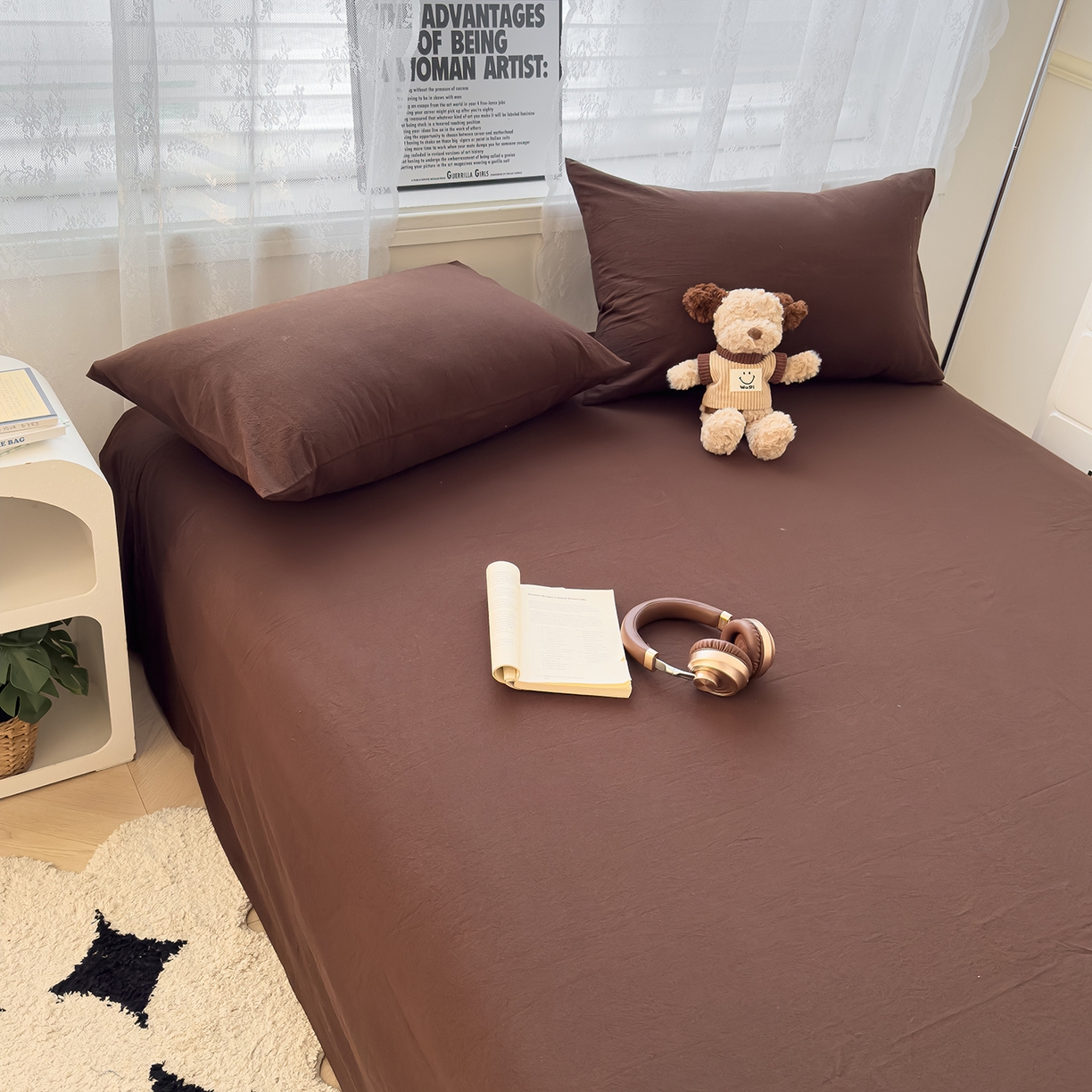 91家纺网 家纺一手货源 找家纺 对白 2025新款32支全棉色织水洗棉单品床单 摩卡