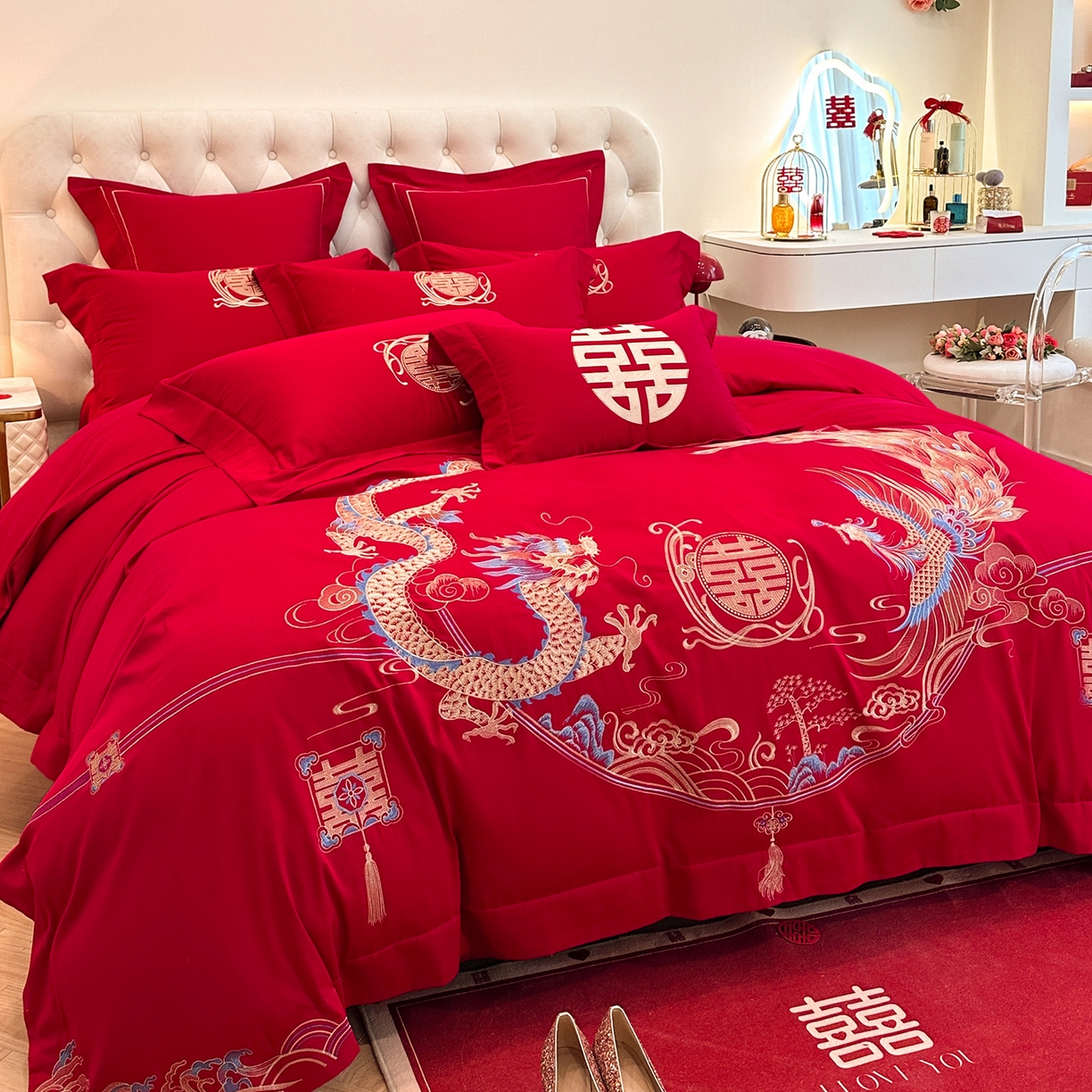 91家纺网 家纺一手货源 找家纺 置顶家纺 2025新款亲肤刺绣婚庆磨毛四件套 至尊龙凤-大红