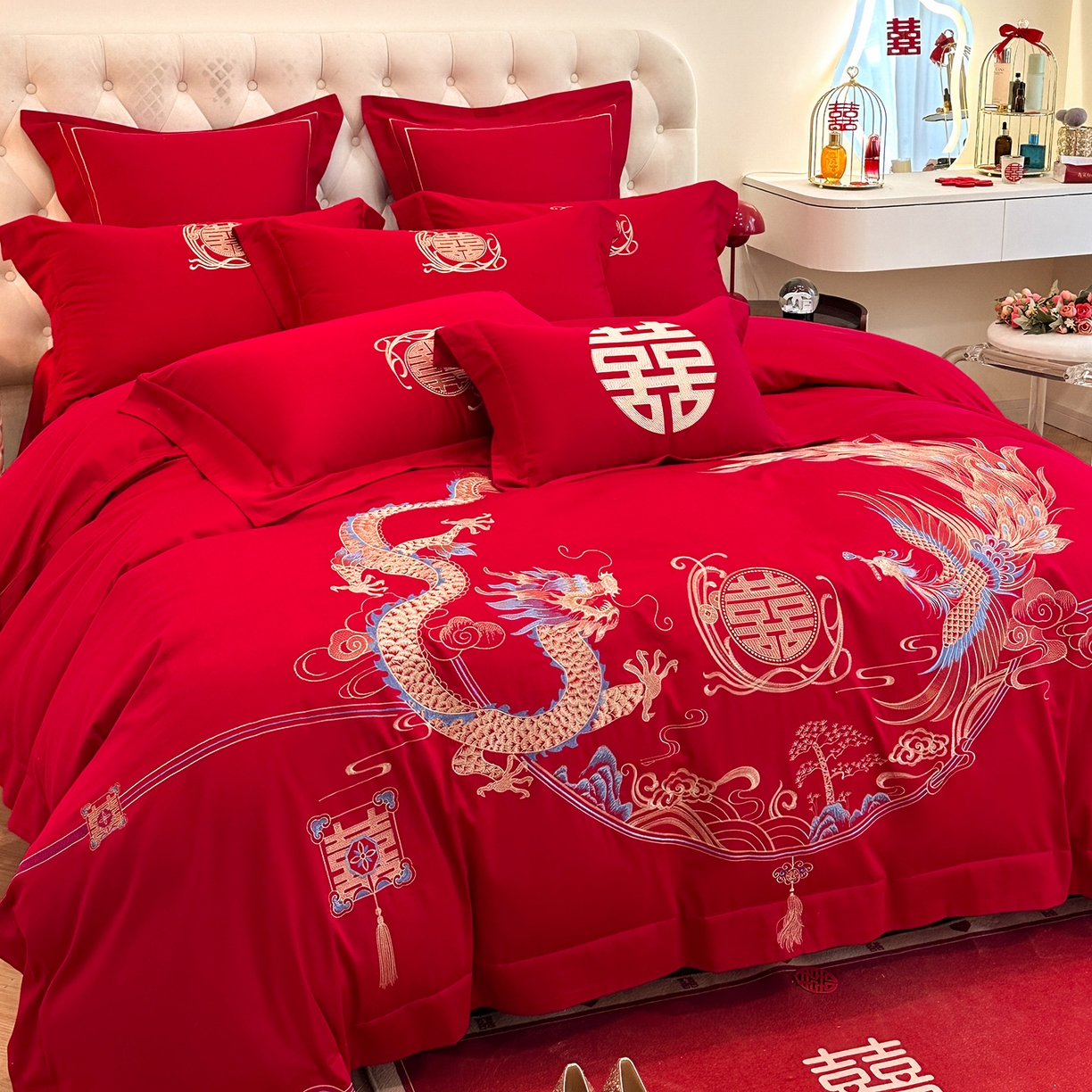 91家纺网 家纺一手货源 找家纺 置顶家纺 2025新款亲肤刺绣婚庆磨毛四件套 至尊龙凤-大红