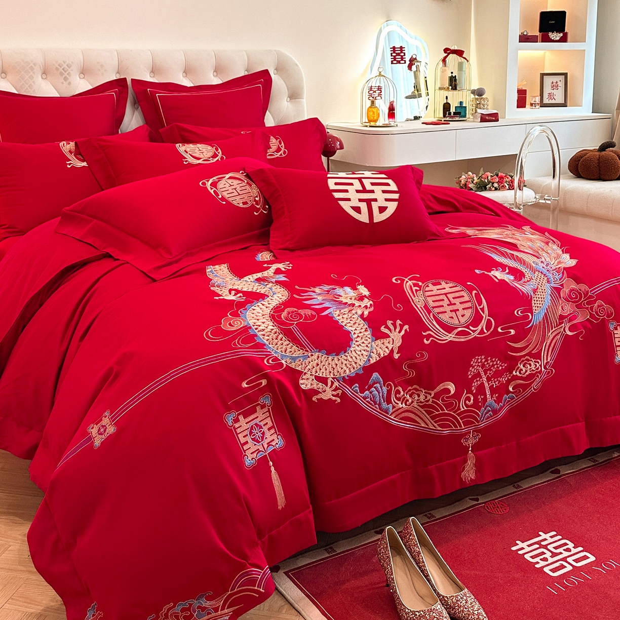 91家纺网 家纺一手货源 找家纺 置顶家纺 2025新款亲肤刺绣婚庆磨毛四件套 至尊龙凤-大红
