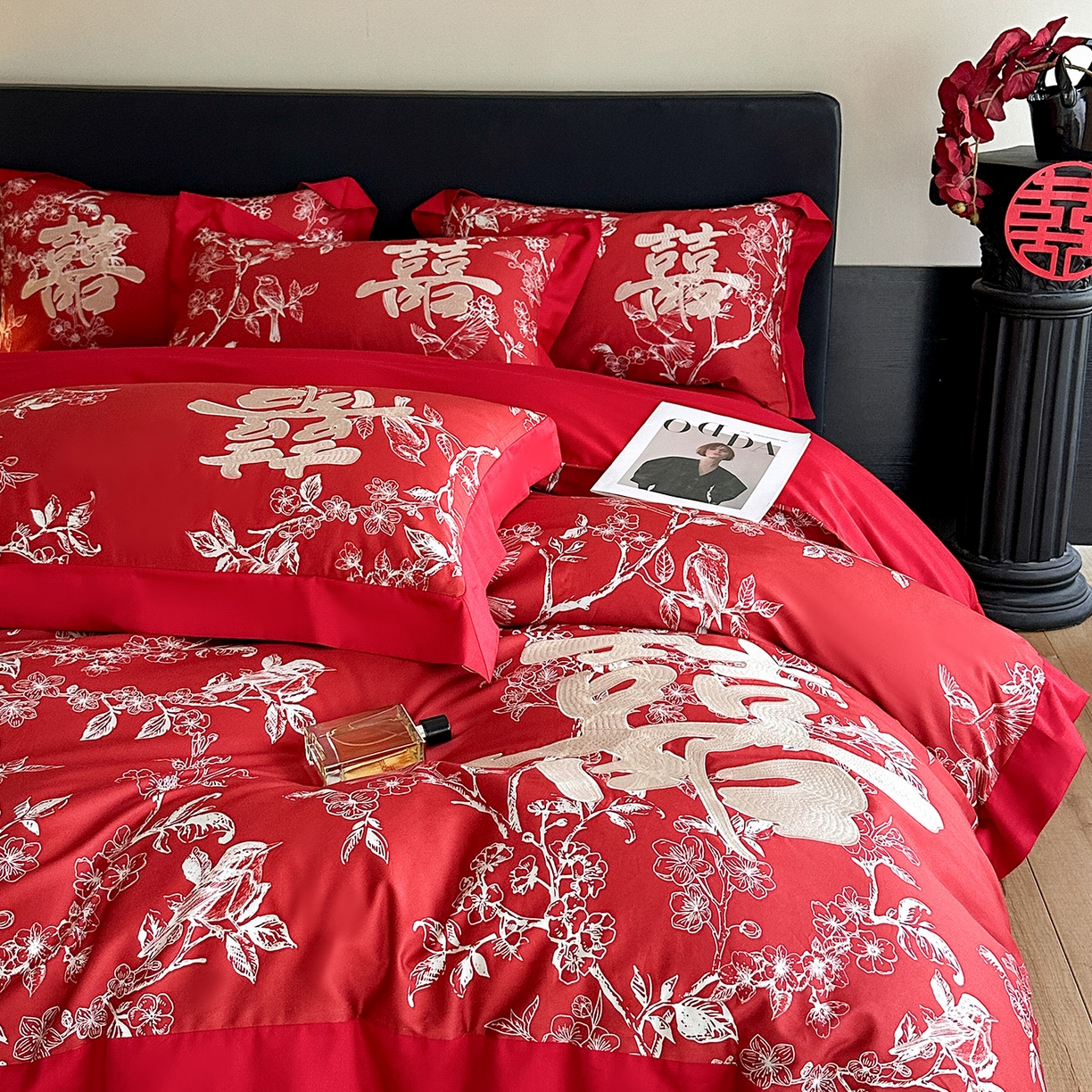 91家纺网 家纺一手货源 找家纺 置顶家纺 2025新款数码印花亲肤婚庆绣花四件套-大囍-暴富 大囍-暴富-大红
