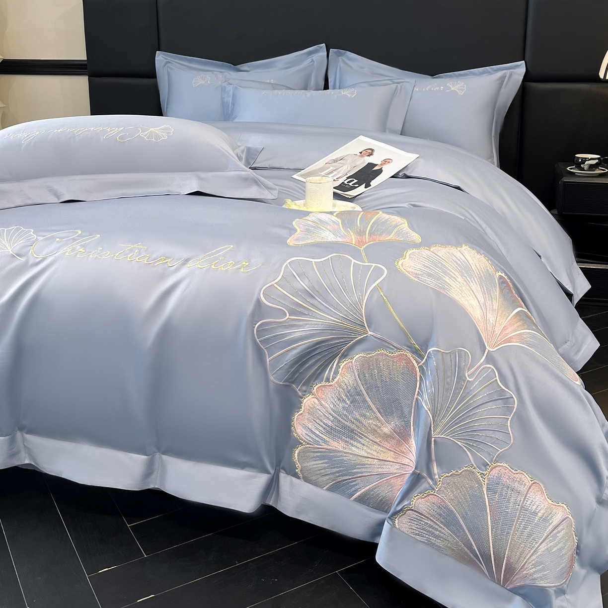 91家纺网 家纺一手货源 找家纺 置顶家纺 2025新款亲肤拼接刺绣四件套-一路繁花 一路繁花-天蓝