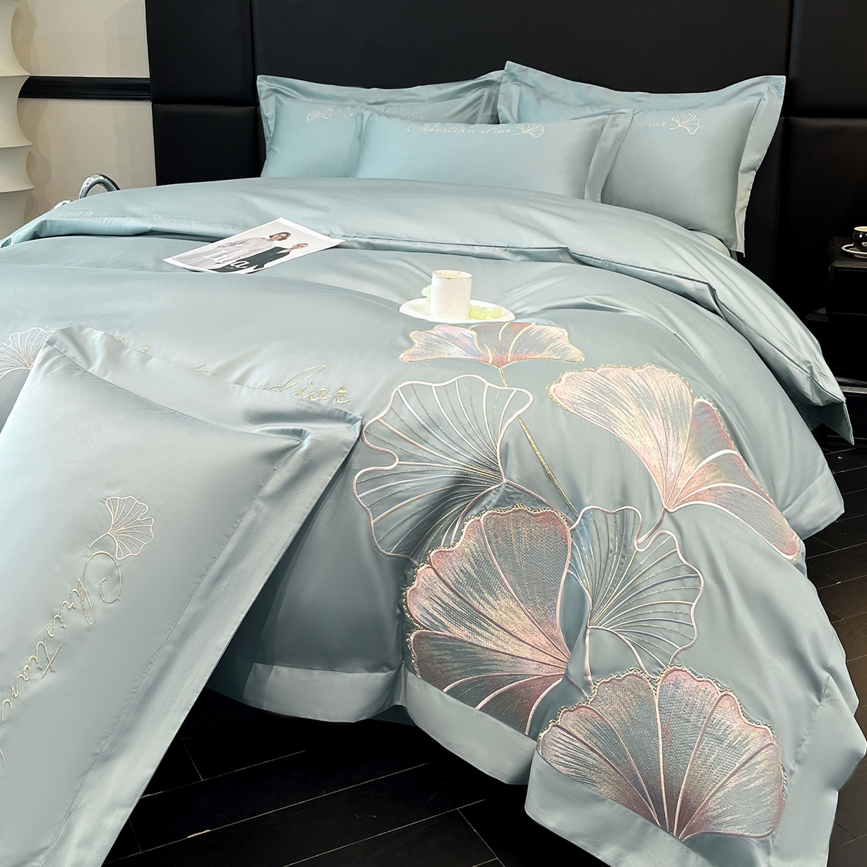 91家纺网 家纺一手货源 找家纺 置顶家纺 2025新款亲肤拼接刺绣四件套-一路繁花 一路繁花-繁星蓝