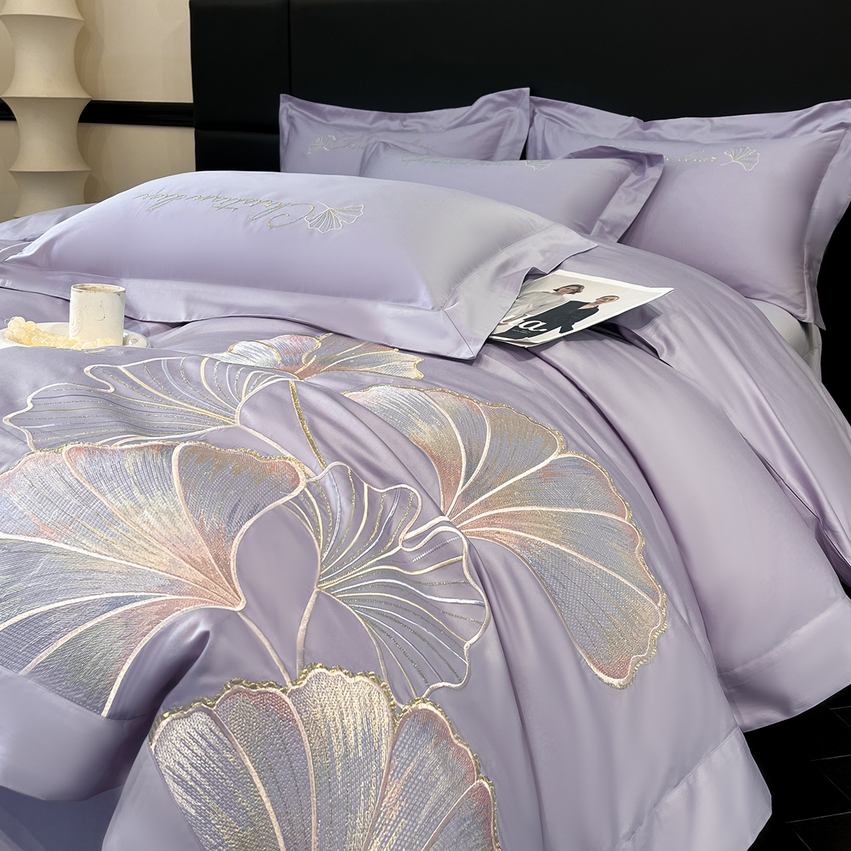 91家纺网 家纺一手货源 找家纺 置顶家纺 2025新款亲肤拼接刺绣四件套-一路繁花 一路繁花-香芋紫