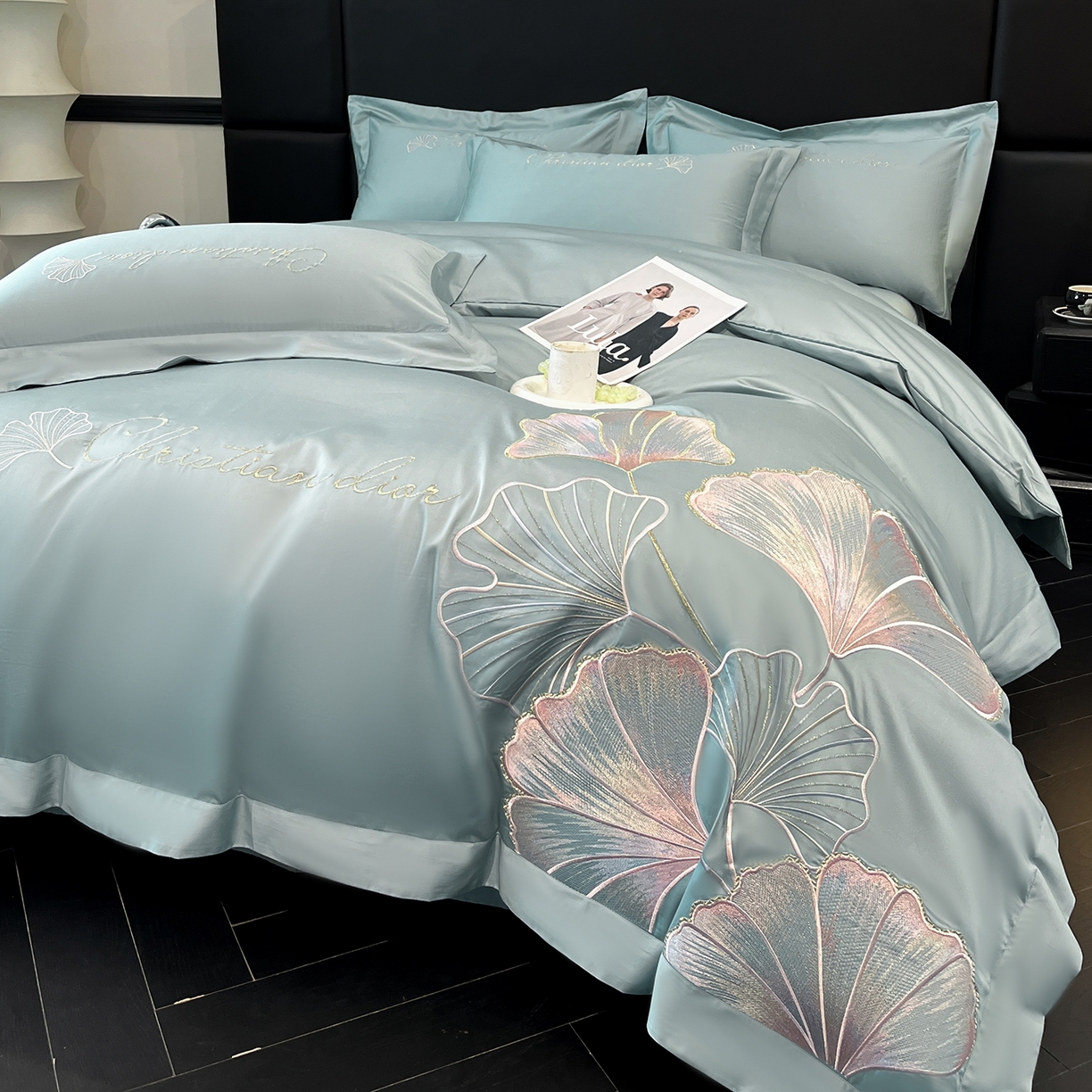 91家纺网 家纺一手货源 找家纺 置顶家纺 2025新款亲肤拼接刺绣四件套-一路繁花 一路繁花-繁星蓝